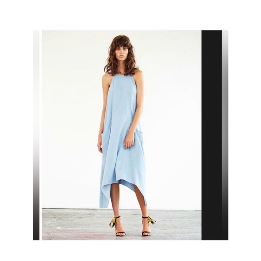 Ulla Johnson 100% Tencel Light Blue Halter Asymmetrical Hem Pockets Midi Dress 2